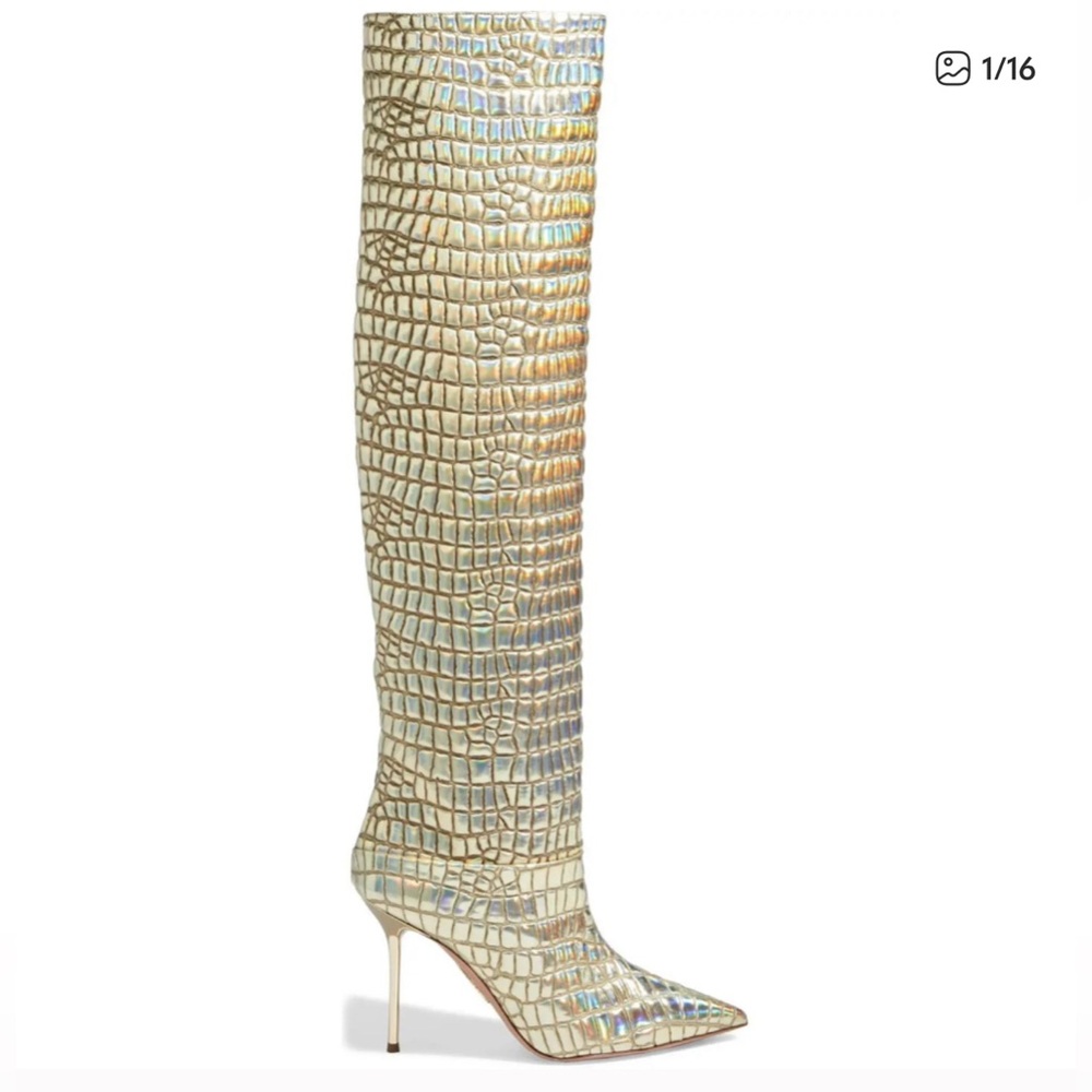 AQUAZZURA Boreal Metallic Croc-Embossed Over-The-Knee Boots $1250 Size 8